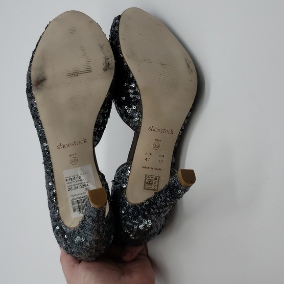 SHOESTOCK women US 10 EU 41 silver pewter heels peep toe sequin open Dorsay side - Picture 6 of 11